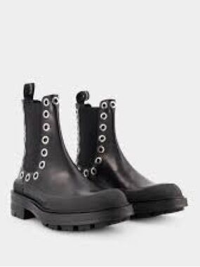 Alexander McQueen Black Lug-Sole Chelsea Boots with Silver Eyelets